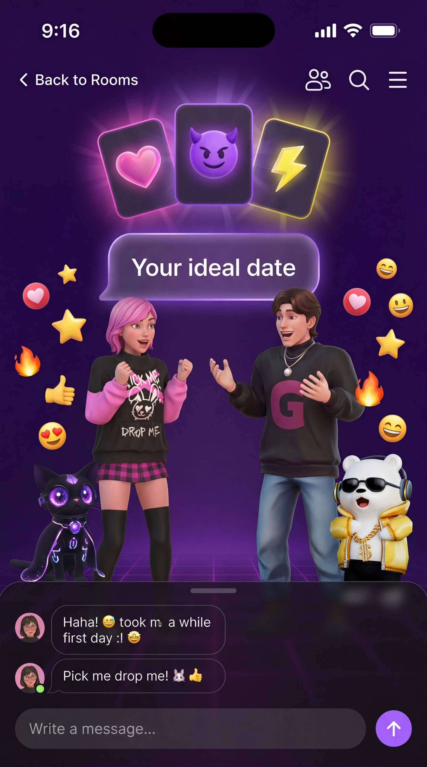 3D room with two avatars chatting